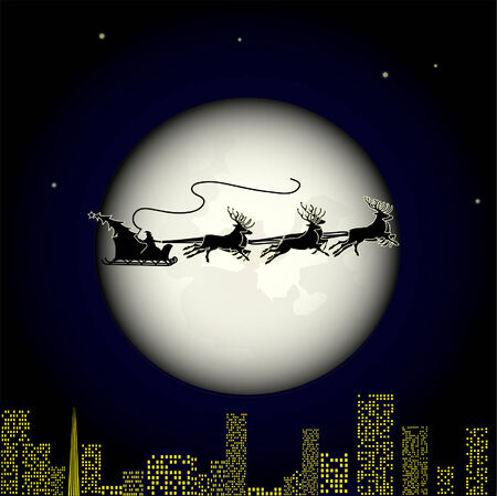 Santa on Christmas night, flying in his sleigh over the cityのイラスト素材
