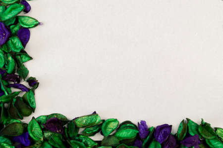 Green and purple leaves are laid out on the edges of the corner of the white background.