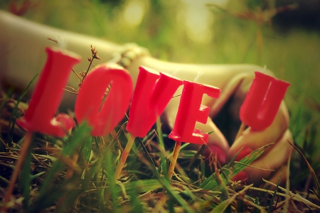 An in love girl placing on the grass the letters that form the greatest phrase in the world  I love u の写真素材