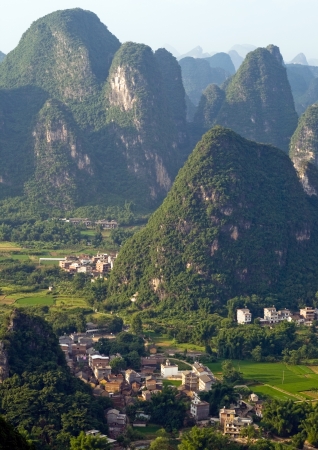 Aerial view image of Guilin village at sunset from Moon Hill mountain  Yangshuo, China, Asiaの写真素材