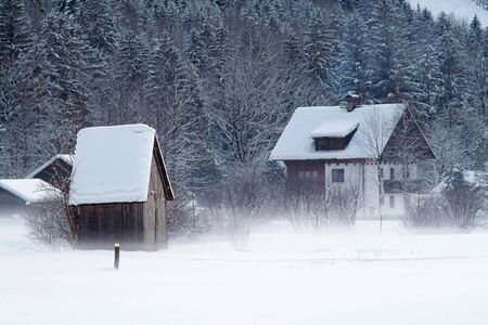 Image of cold and snowy winter in Austria  Beautiful mountain and nature at Hallstatt near Obertraun city opposite the Hallstatter See lake at foggy wather  On Christmas eve の写真素材