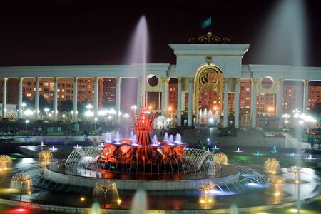 Night long exposure image of big fountain in National Park of first President of Almaty, Kazakhstanのeditorial素材