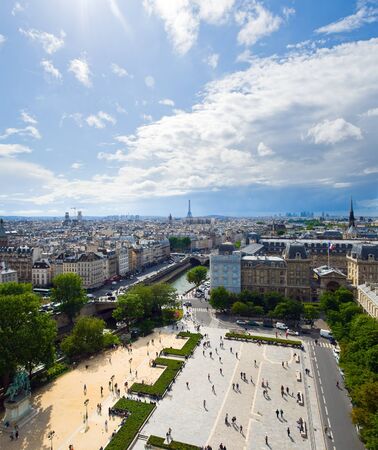 Vertical panorama of the top view of one of the towers of Notre Dame in a usual summer day. Paris.のeditorial素材