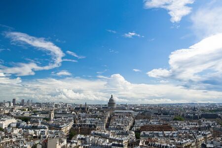 Horizontal panorama of the top view of one of the towers of Notre Dame in a usual summer day. In the background is seen Pantheon of Paris.のeditorial素材