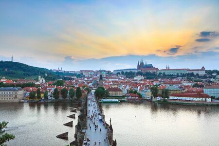 The image of the old part of Prague. In the central part of the Charles Bridge in the background of a beautiful reflection of the Vltava River.のeditorial素材
