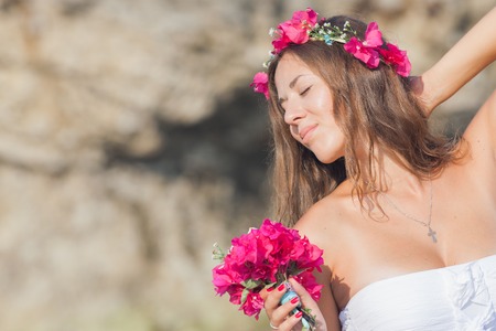 Bride with wedding bouquet, Baliの写真素材