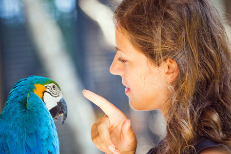 Young woman discussion with parrot in zooの写真素材