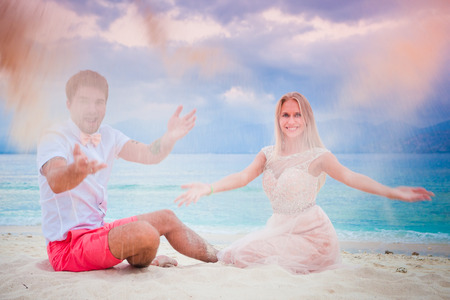 wedding couple near the ocean in Hawaiiの写真素材
