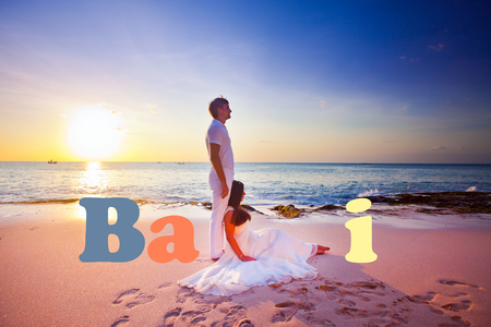 wedding couple with text of Bali, at the beachの写真素材