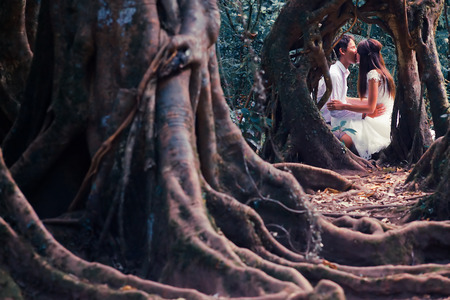 wedding couple in mysterious fairy forestの写真素材