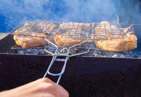 background of barbecue steak at outdoorの写真素材