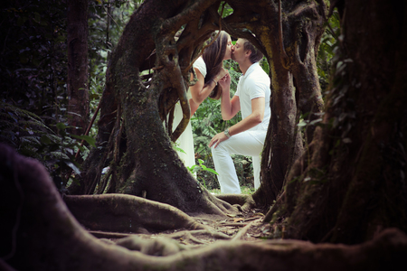 wedding couple in mysterious fairy forestの写真素材