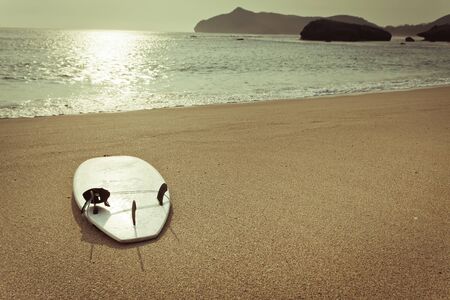Retro photo of surfboard on the wild beach of Sumbawa, Indonesiaの写真素材