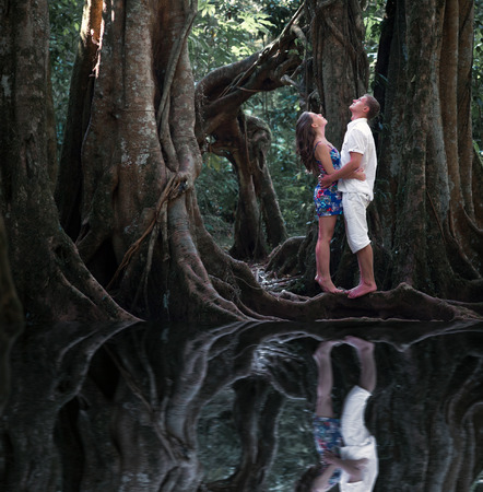 wedding couple in mysterious fairy forestの写真素材