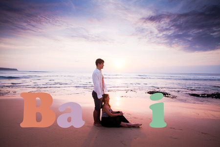 wedding couple with text of Bali, at the beachの写真素材