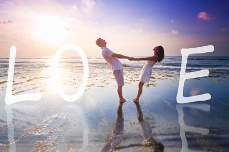 wedding couple just married near the beach with love textの写真素材