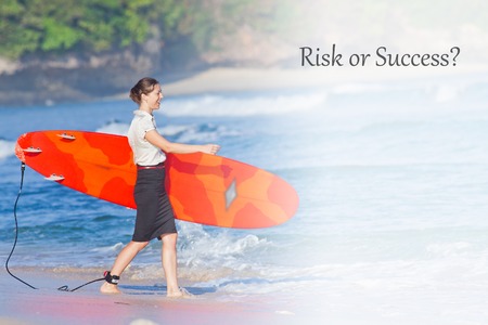 concept of office businesswoman with surf near the oceanの写真素材