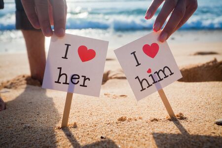 Declaration love concept at the beach with blue sea backgroundの写真素材