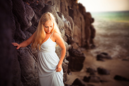 beautiful bride at the coast of Bali islandの写真素材