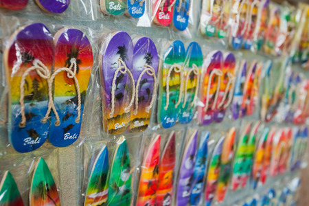 many magnets or gifts on the background, Bali, Indonesiaの写真素材