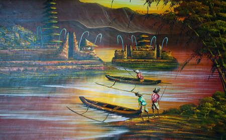 picture of fishermen on the lake near temple, Bali, Indonesiaのeditorial素材