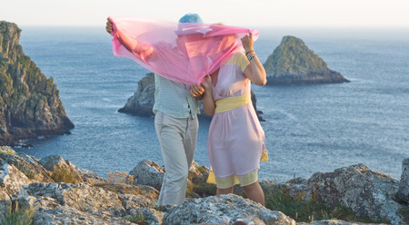 Kissing couple at honeymoon in Bretagne, Franceの写真素材