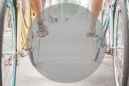 women riding and travel by city bicycles like concept of healthy lifestyle and sport. There is a...