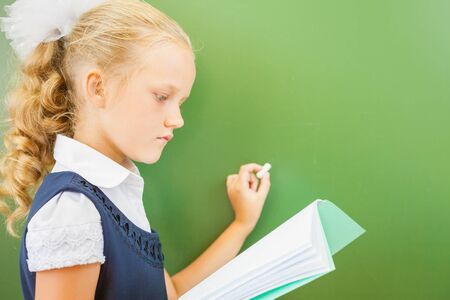 First grade schoolgirl holding a notebook and wrote on blackboard with chalk at classroom. Little girl dressed in a school uniform. Concept of knowledge day and first of septemberの写真素材