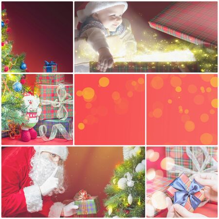 Collage with several images of christmas, xmas theme. Santa holding a gift box, christmas tree. Happy baby. New Year holiday card and template blank. Red background with copy space.の写真素材