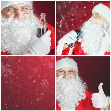 Collage with several images of christmas, xmas theme. Santa Claus holding Cola fresh beverage at glass bottle. Christmas holiday, New Year. Copy space for disign, text at red backgroundの写真素材