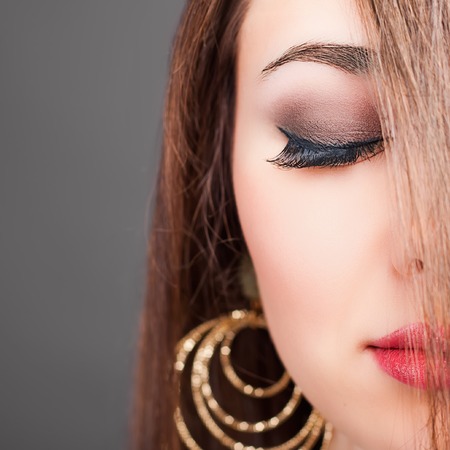 Beautiful woman with long straight hair. Hairstyle and barbershop. Healthy shampoo. Beauty concept. Hairdressing salon. Copy spaceの写真素材