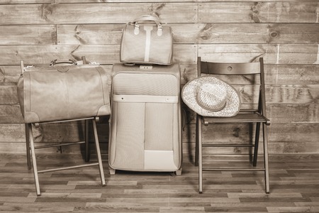 Already packed luggage, suitcase or baggage for travel and adventure. Journey, vacation. Summer travel. Packsの写真素材