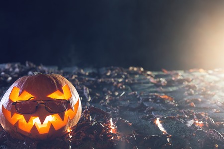 Halloween pumpkins at wood background. Pumpkinの写真素材