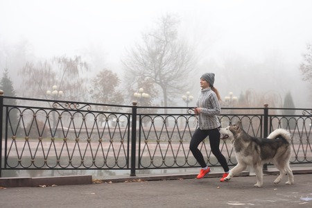 Image of young girl running with her dog, alaskan malamute, outdoor at autumn or winter. Mourning jogging. Domestic pet. Husky. Guide-dogの写真素材