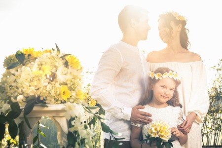 Happy newlyweds couple in marriage, wedding ceremony in Ubud.の写真素材