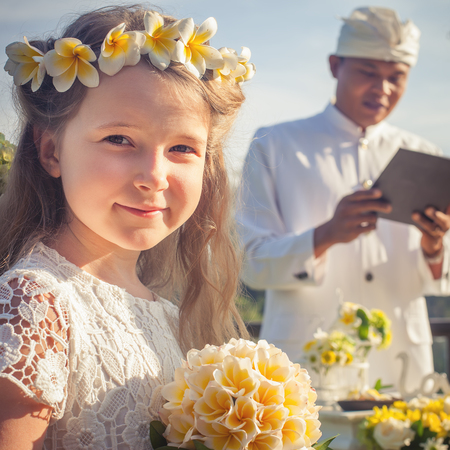 Happy newlyweds couple in marriage, wedding ceremony in Ubud.の写真素材