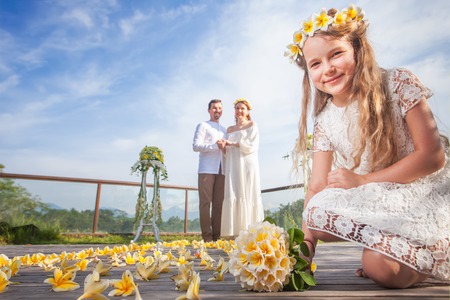 Happy newlyweds couple in marriage, wedding ceremony in Ubud.の写真素材