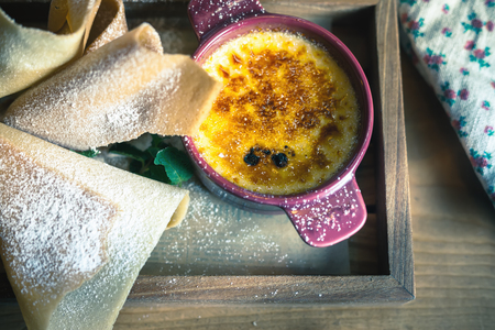 Closeup sweet cream souffle with belgium wafflesの写真素材