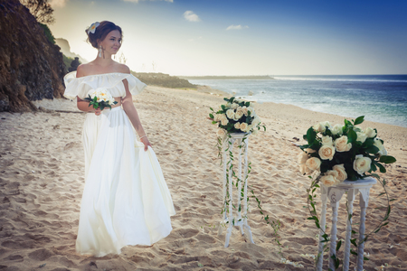 Beautiful bride married at the beach, Bali. Wedding ceremonyの写真素材