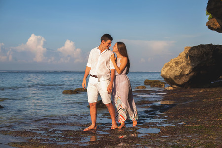 Portrait of Happy Couple, at the Beach, Holds Hands, Seaの写真素材