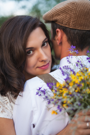 Young Couple Have Got Marriage In Rustic Style In Apple Orchardの写真素材