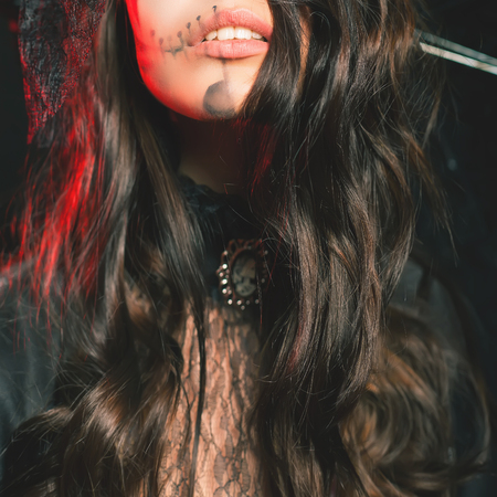 Fashion girl celebrating Halloween 2018. Party costumes. October