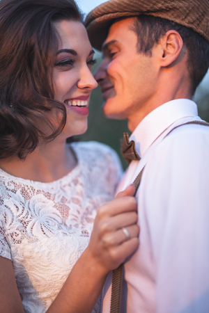Young Couple Have Got Marriage In Rustic Style In Apple Orchardの写真素材