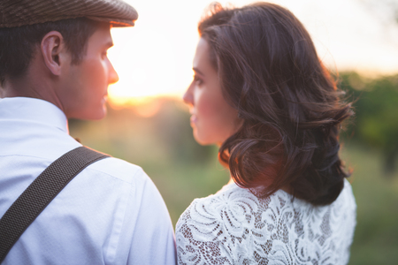 Young Couple Have Got Marriage In Rustic Style In Fieldの写真素材