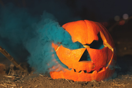 Halloween pumpkin at wood background. October holiday.の写真素材