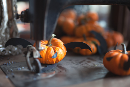 Fairy tale of Pumpkin with wings carved for the holiday of halloweenの写真素材