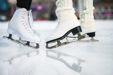 Closeup skating shoes ice skating outdoor at ice rinkの写真素材