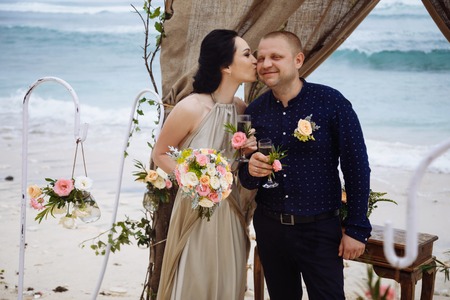 Beautiful couple near the ocean, honeymoon romantic coupleの写真素材