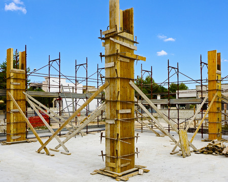 Construction site - Carpentry concrete structure Formwork for pillars ready for concrete casting ...