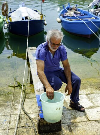 Bisceglie - Italy. June 2, 2017: Fisherman caught an octopus in the sea and beats him on the asphalt to make it softer. In this way the octopus tentacles will bake and the meat becomes softerのeditorial素材